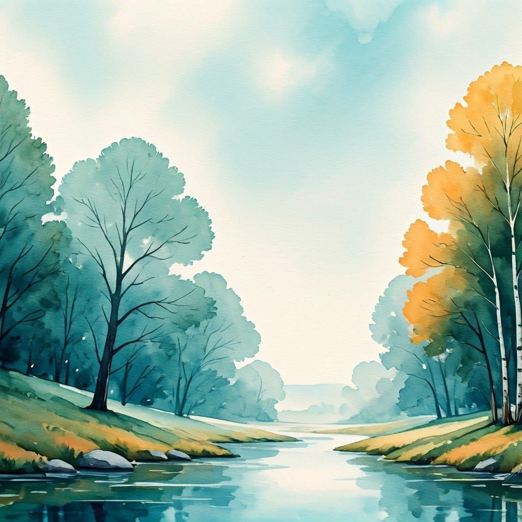 Ethereal Watercolor Landscape with Soft Trees and Rivers
