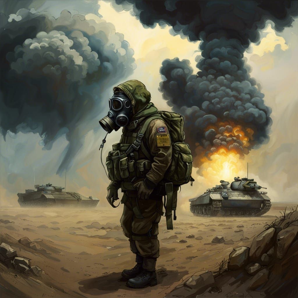 Soldier in Gas Mask with Tank: Epic Oil Painting