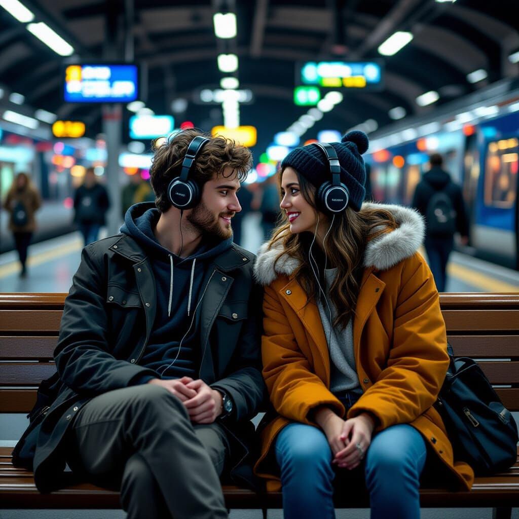 Couple Sharing Music at Train Station, Hyperrealistic Style