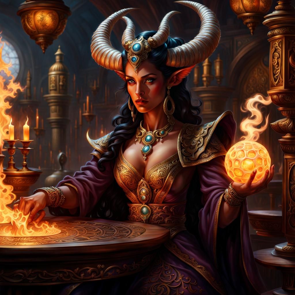 Tiefling Sorceress with Fuming Spheres in Tavern