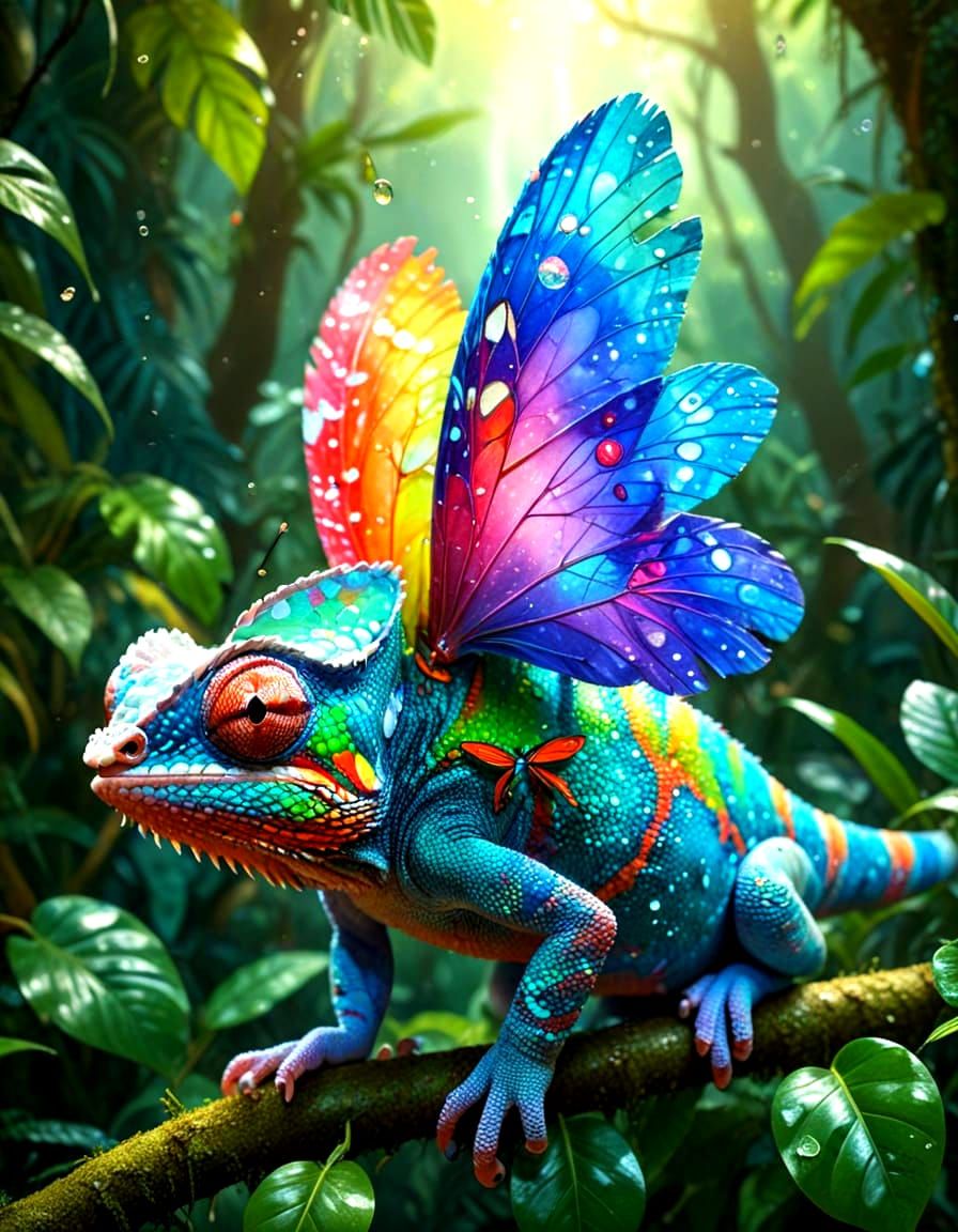 Rainforest Whimsy: Colorful Chameleon-Butterfly Hybrid Soars