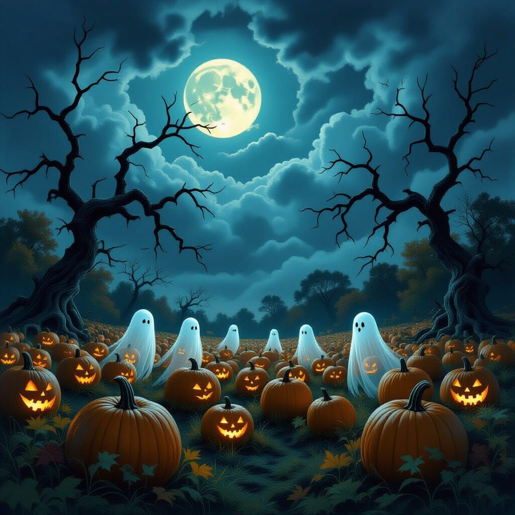 Eerie Pumpkin Patch Under Stormy Moonlit Sky