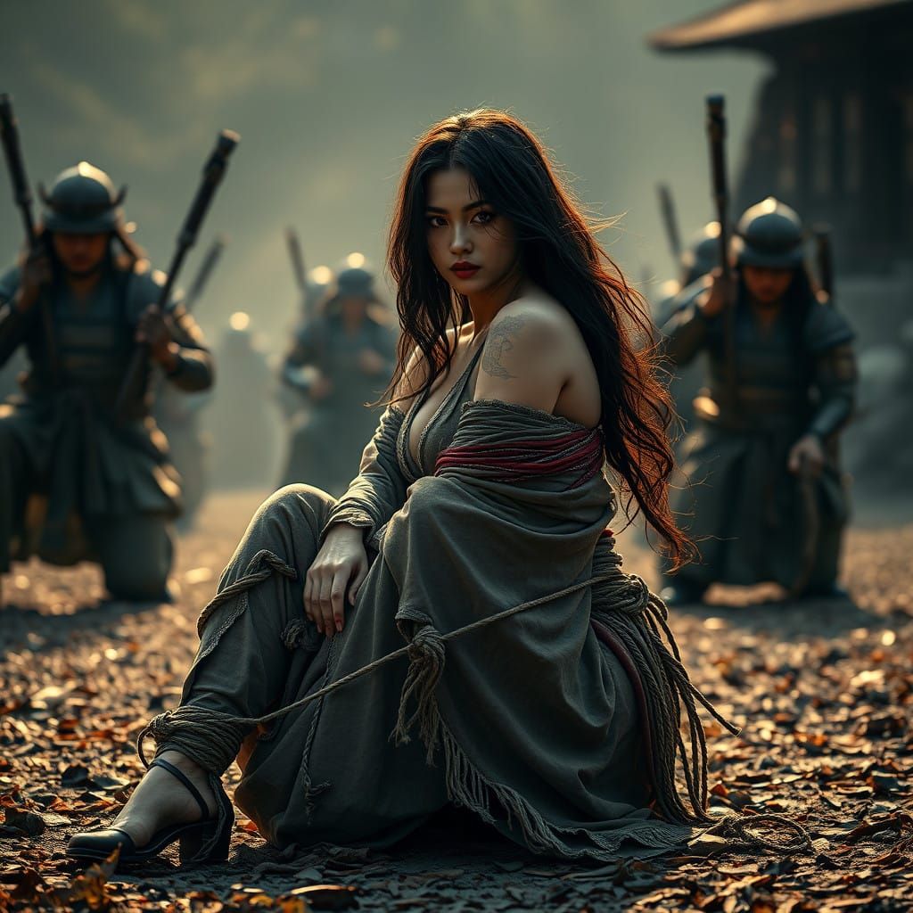 Japanese Farmer Woman in a Samurai Setting, Film-Noir Style