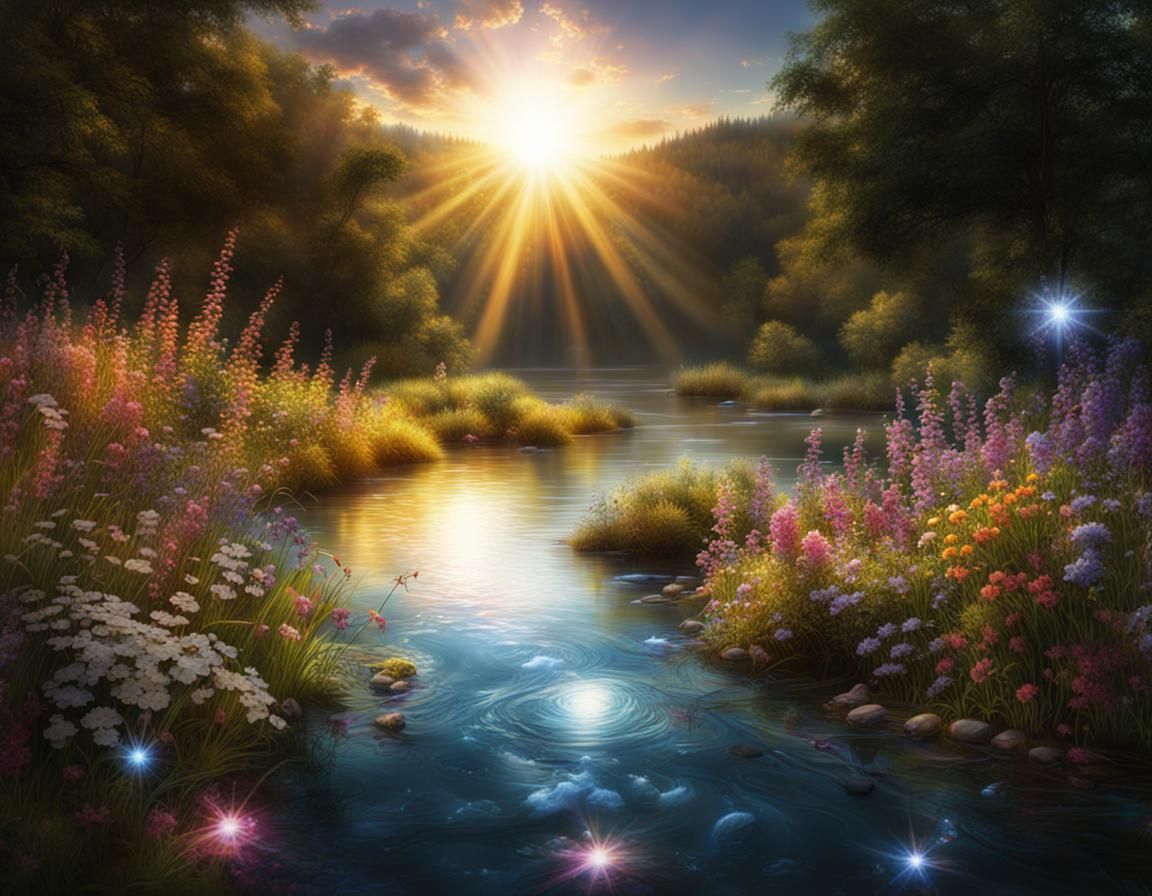 Sparkling River with Wildflowers in Sunlight