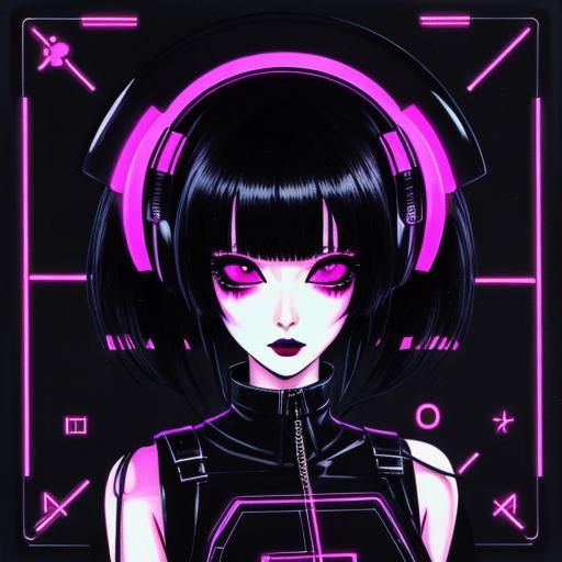 Japanese Goth Girl in Synthwave Neon Retro Style