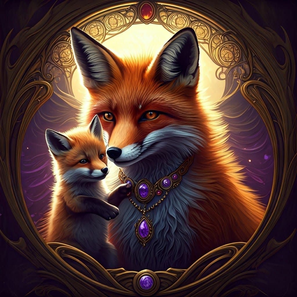 Winged Fox Family in Dark Fantasy Landscape