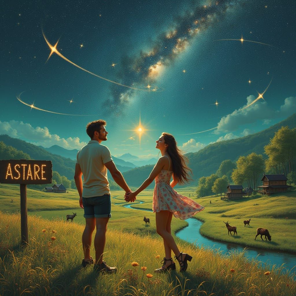 Couple in Ecological Farm Under Starry Daytime Sky with Magi...