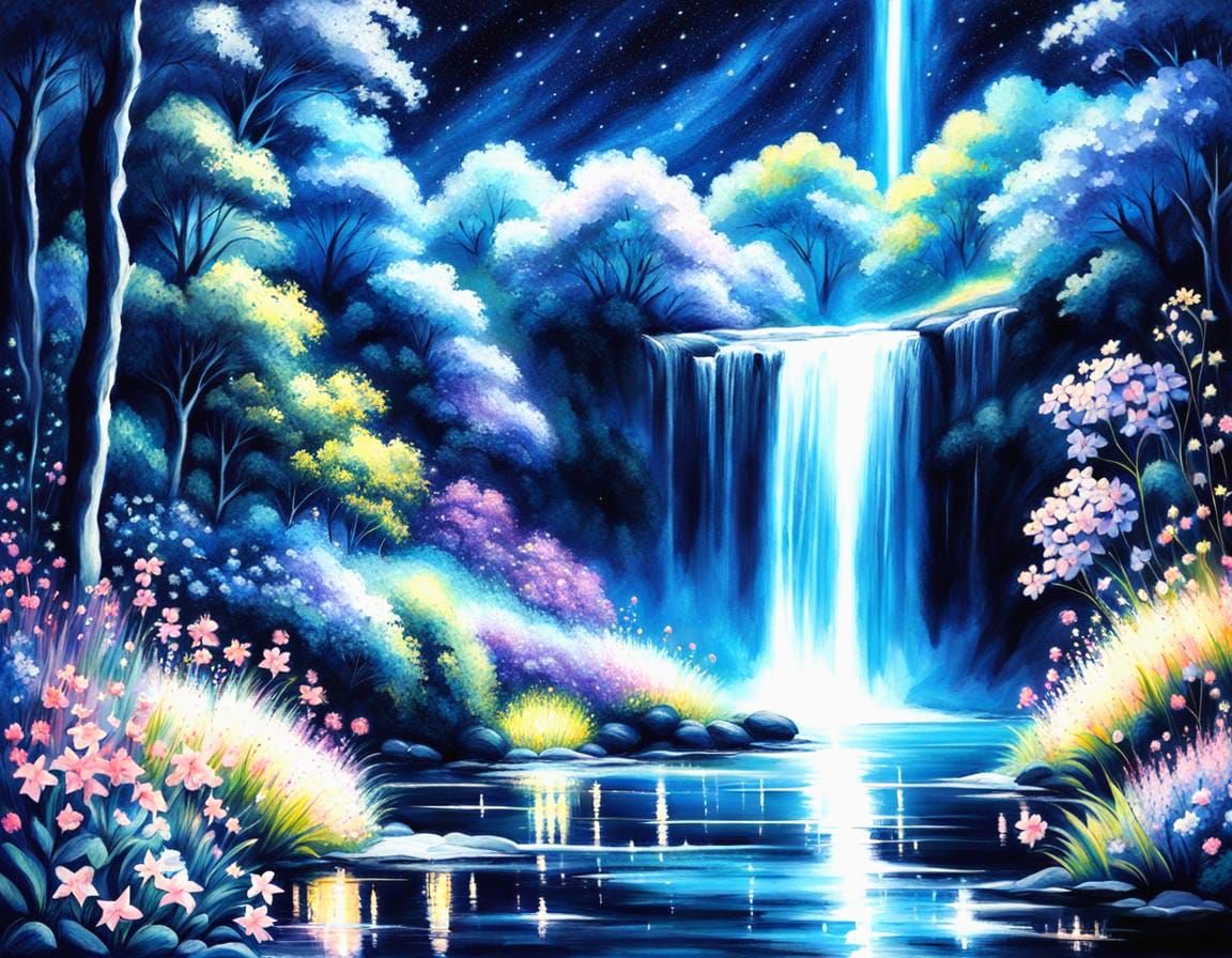 Majestic Bioluminescent Waterfall at Night in Charcoal Sketc...