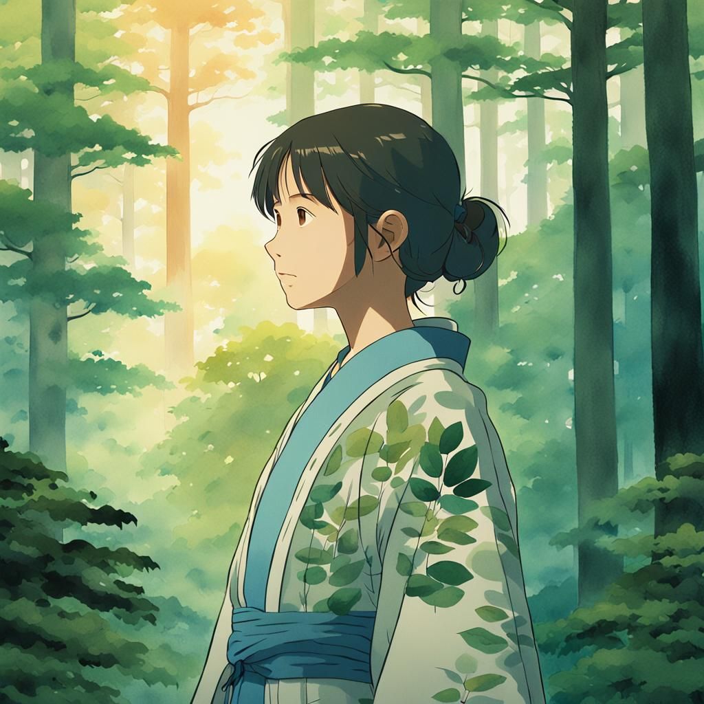 Serene Forest Scene in Studio Ghibli Style
