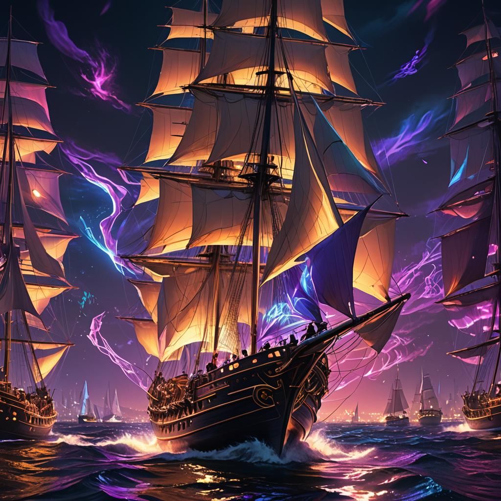 Neon Regatta: A Detailed Fantasy Concept Art