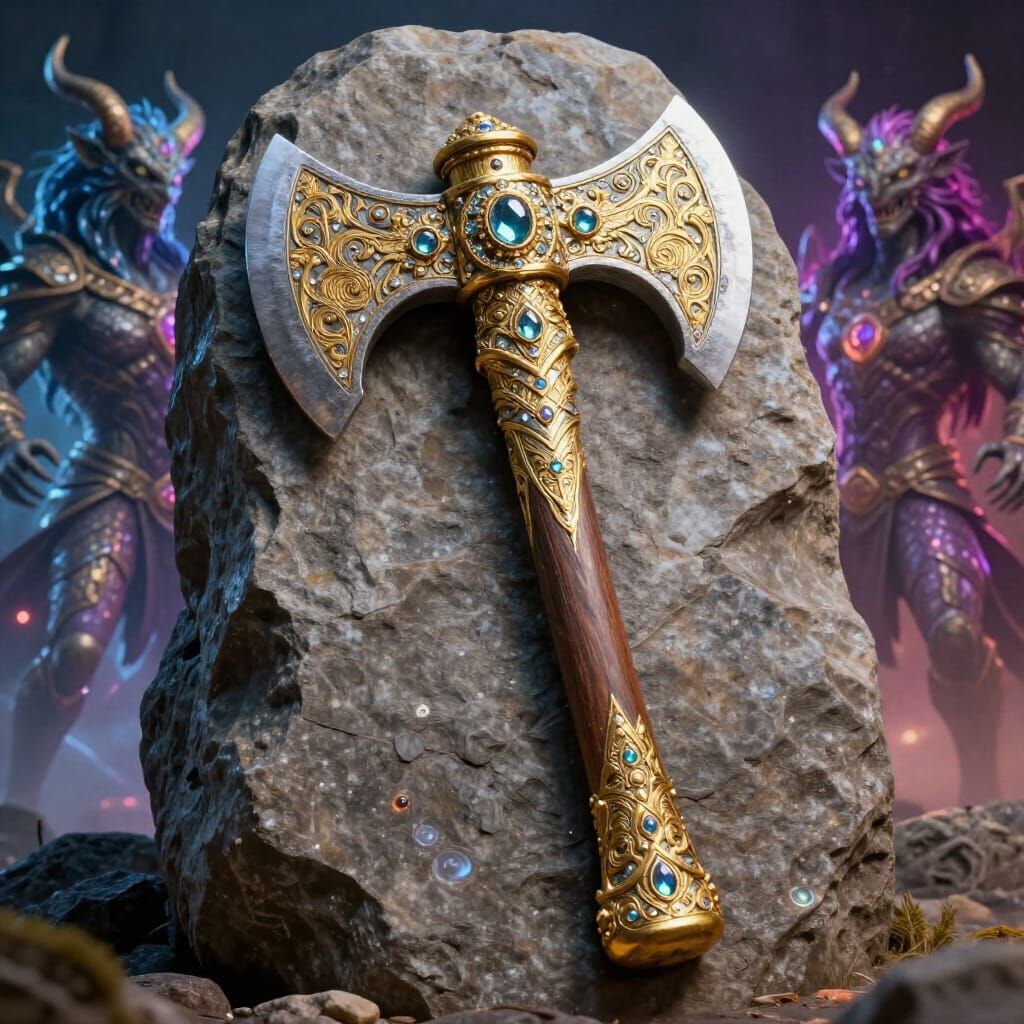 Ancient Jeweled Axe in Stone Guarded by Mystical Creatures