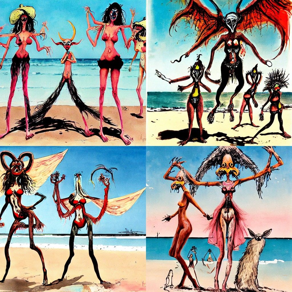 Baphomet Woman Welcoming on Beach in Cartoon Style