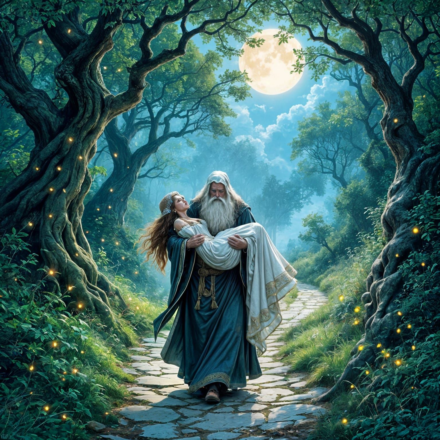 Wizard Carries Maiden Through Moonlit Magical Forest Path