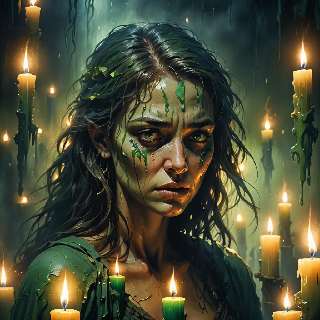 Scarred Figure Crying in Mystical Setting