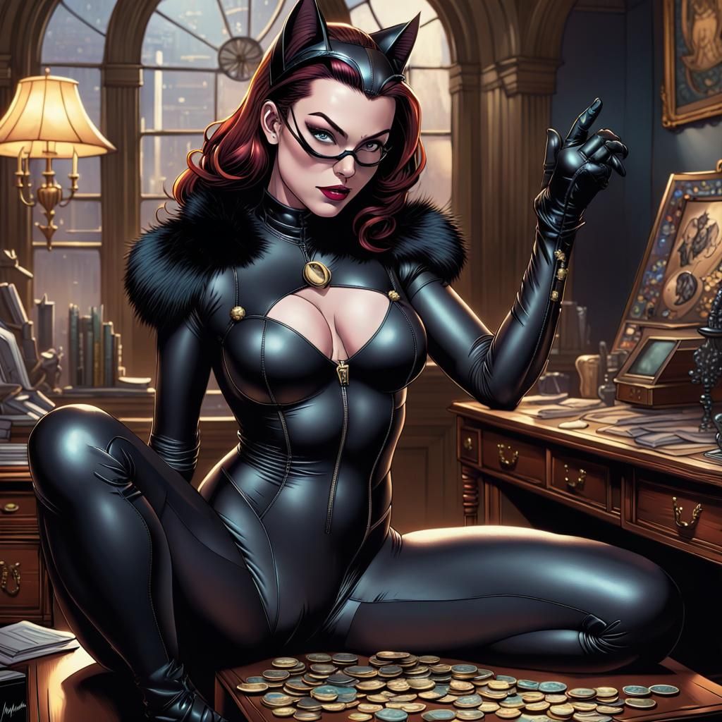 Curvy Goth Catwoman with Treasure, Comic Book Art