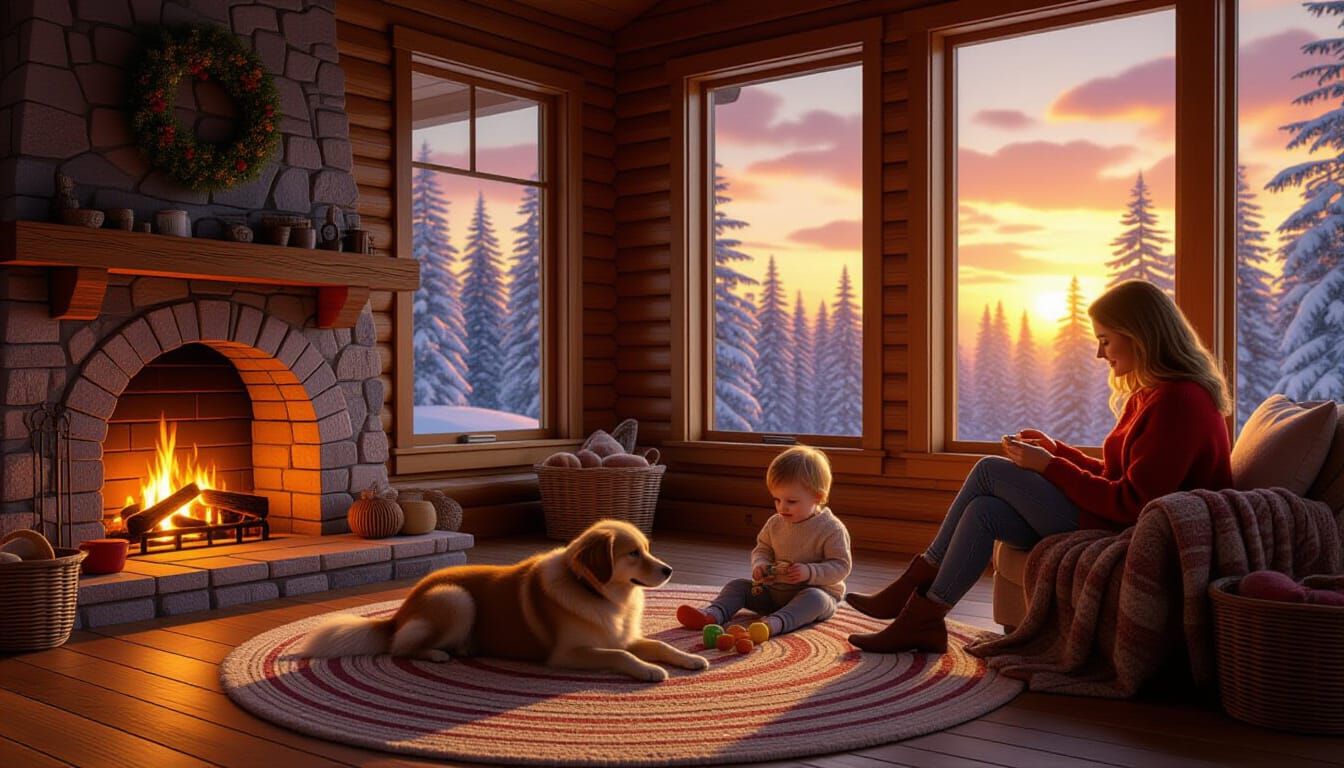 Cozy Cabin Living Room at Sunset