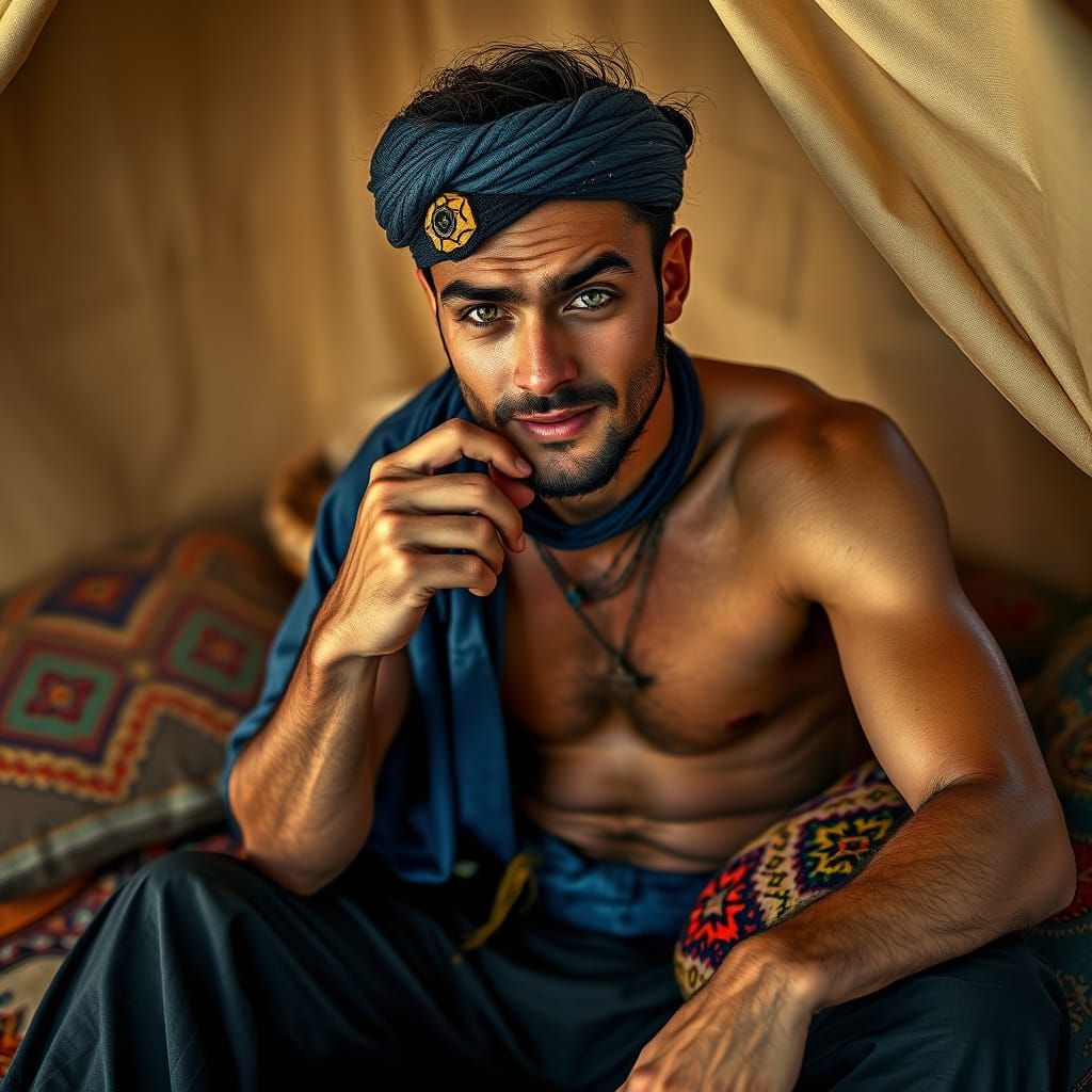 Tuareg Man in Tent, Digital Portrait with Atmospheric Lighti...