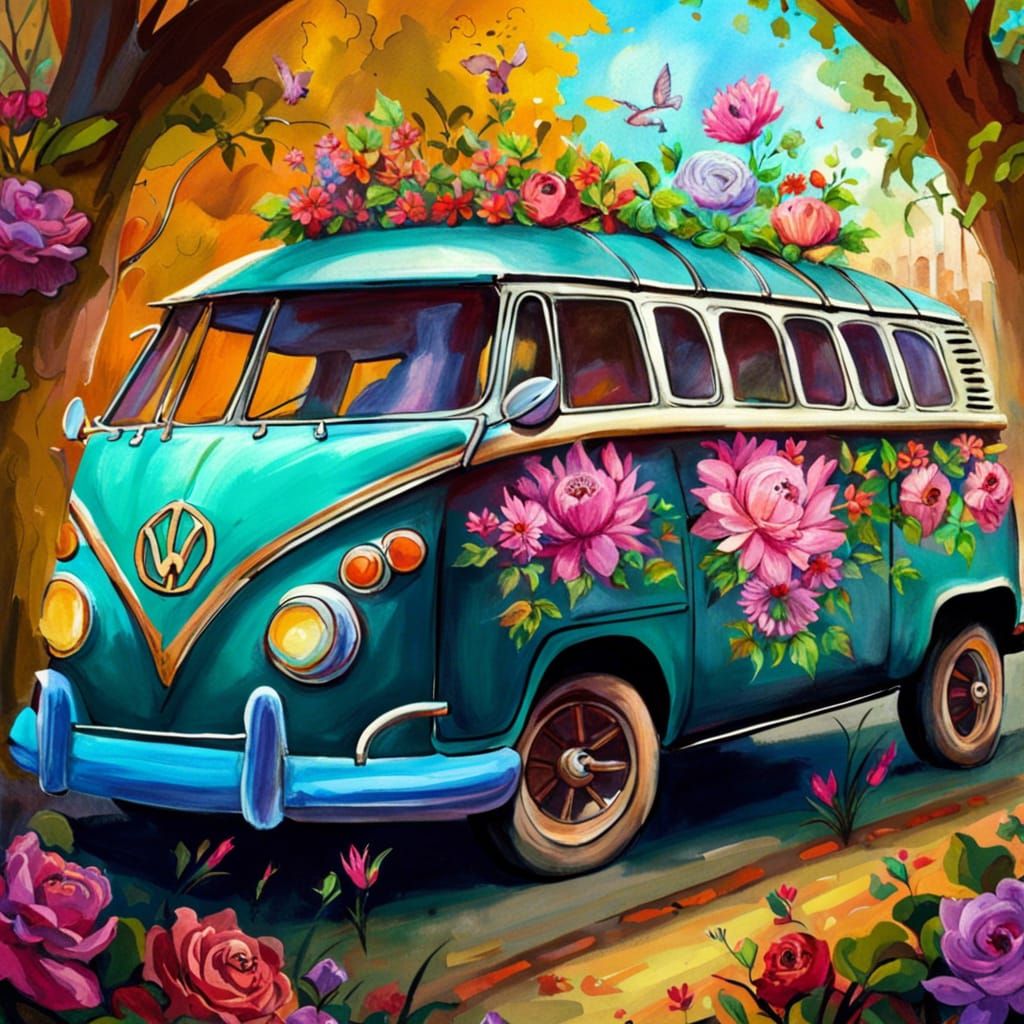 Ivy-Covered VW Bus in Fantasy City