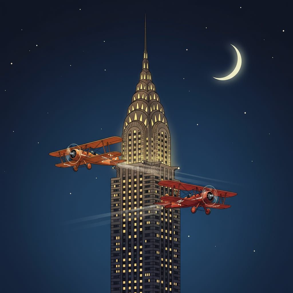 Chrysler Building at Night with Vintage Biplanes