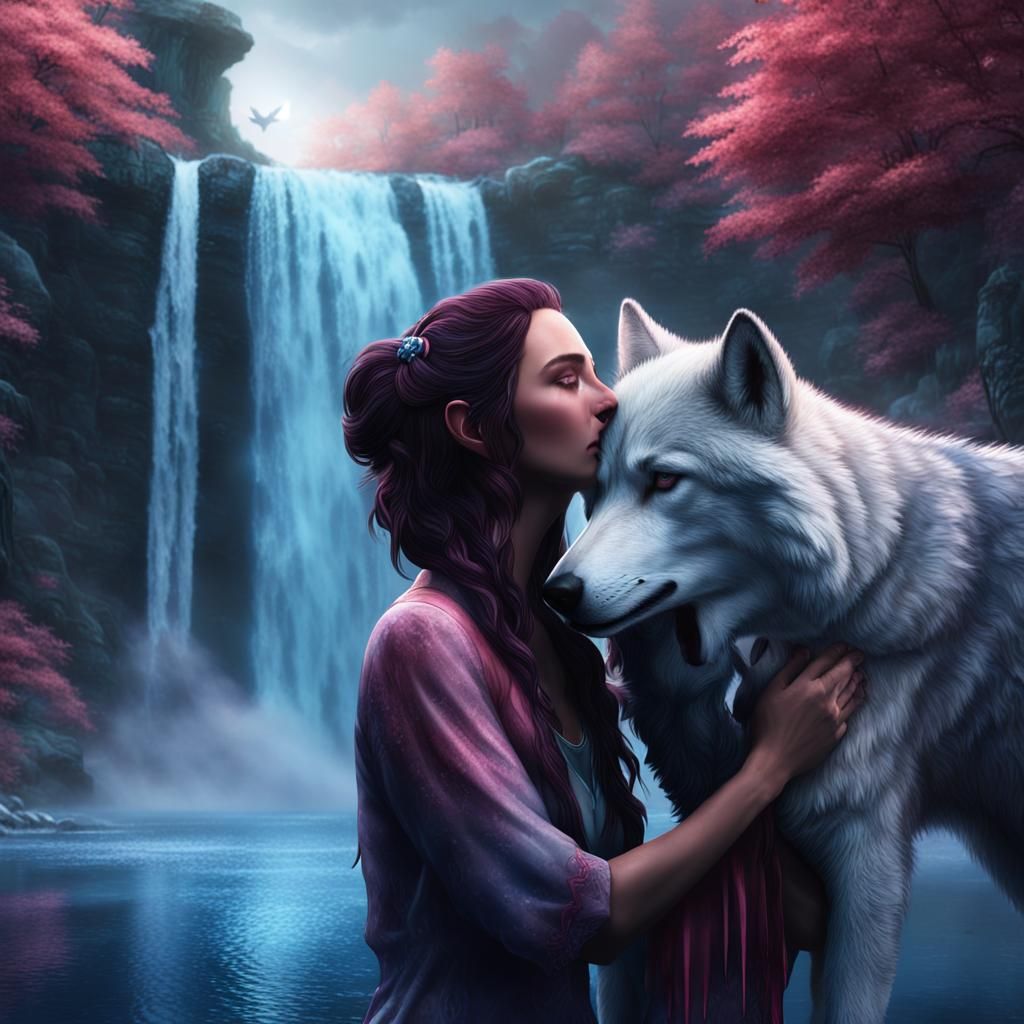 Woman and Wolf Embrace by Waterfall, Cinematic Art
