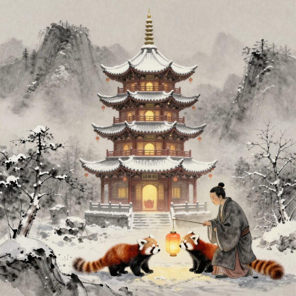 Snowy Pagoda with Monk and Red Pandas at Winter Dawn