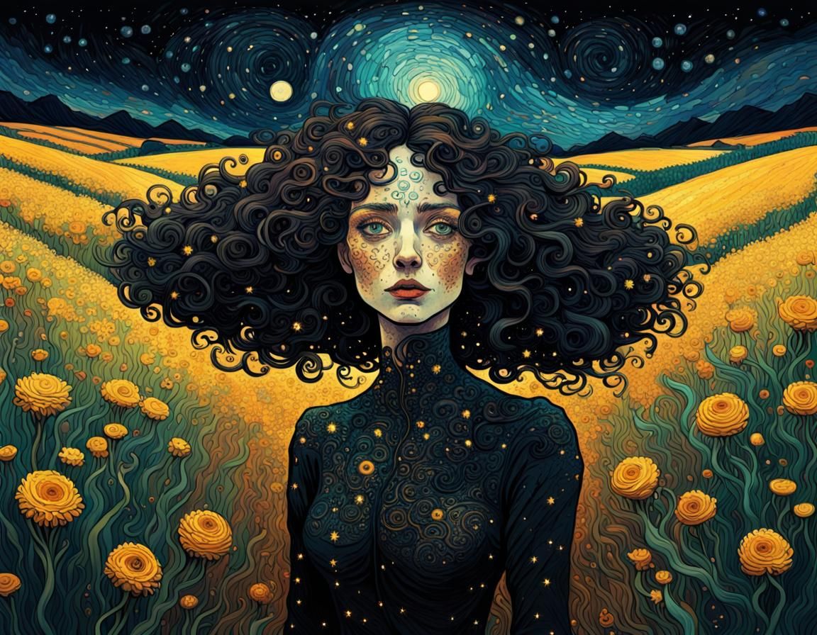 Woman in Flower Field: Van Gogh and Klimt Styles
