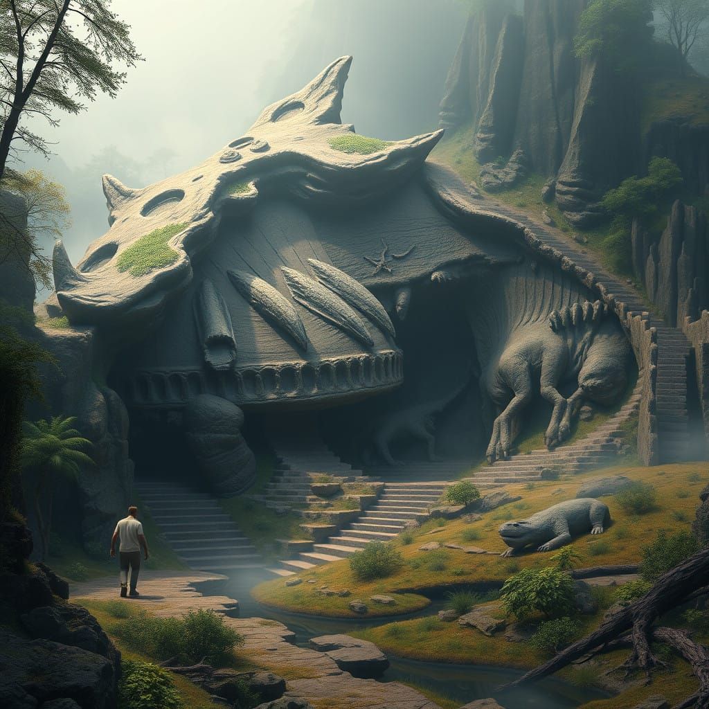 Ancient Dinosaur Fossil in Mysterious Prehistoric Landscape