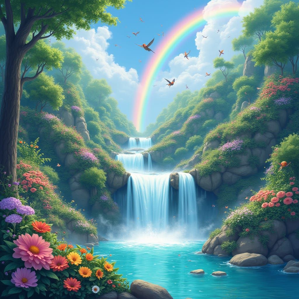 Magical Wonderland Waterfall with Rainbow and Birds