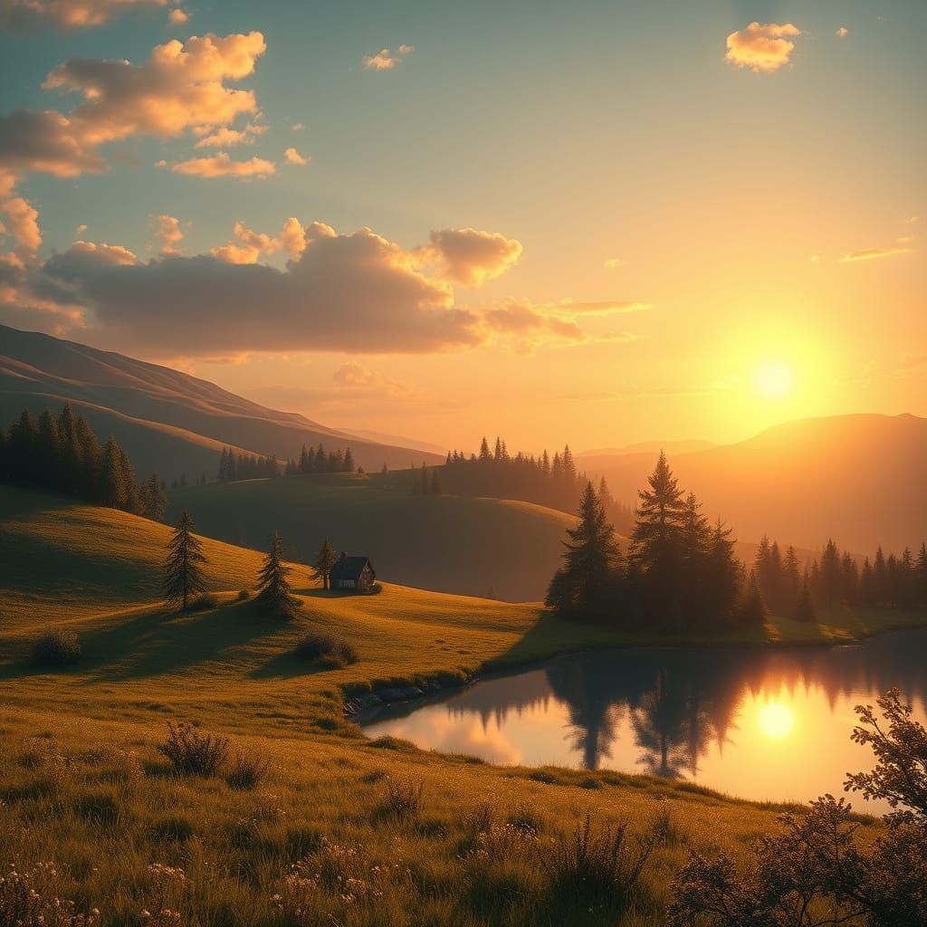 Golden Hour Sunset Over Secluded Rural Landscape