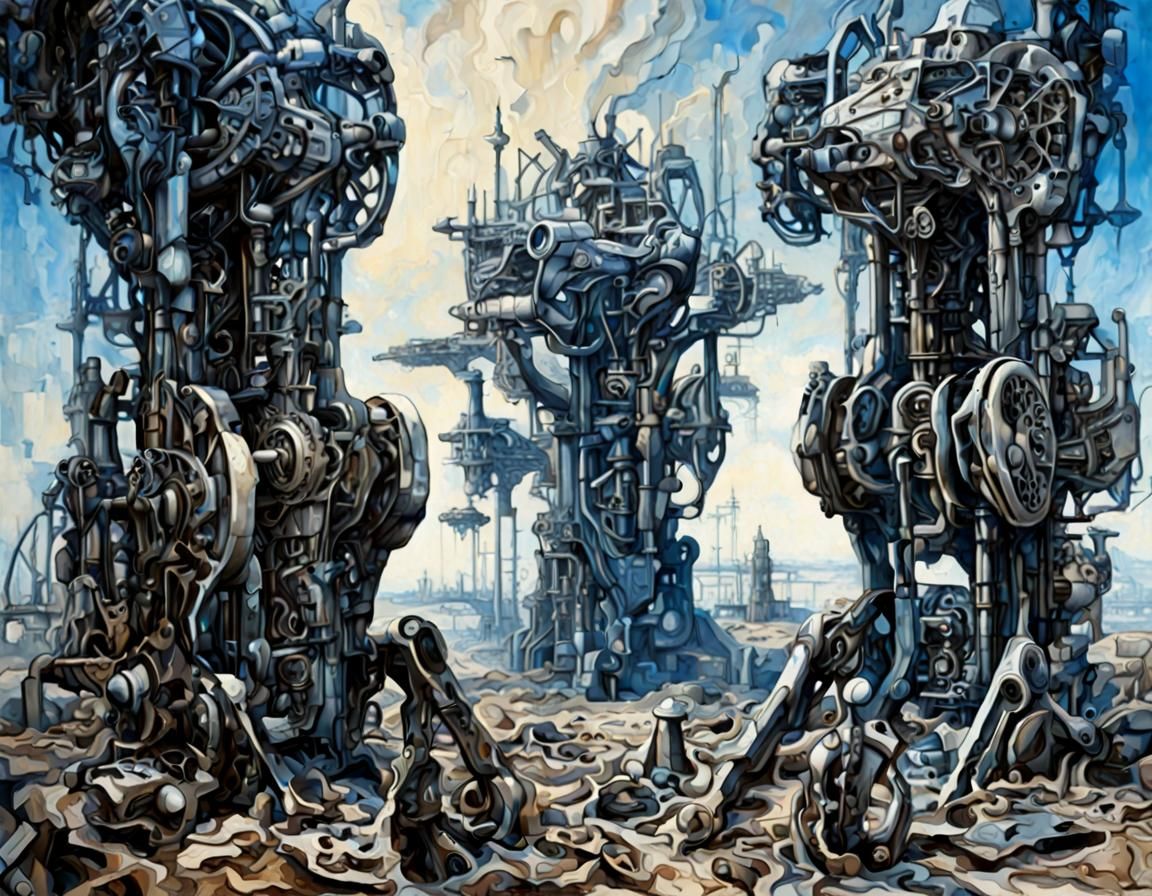 Biomechanical Machine Landscape in Vrubel Oil Painting Style