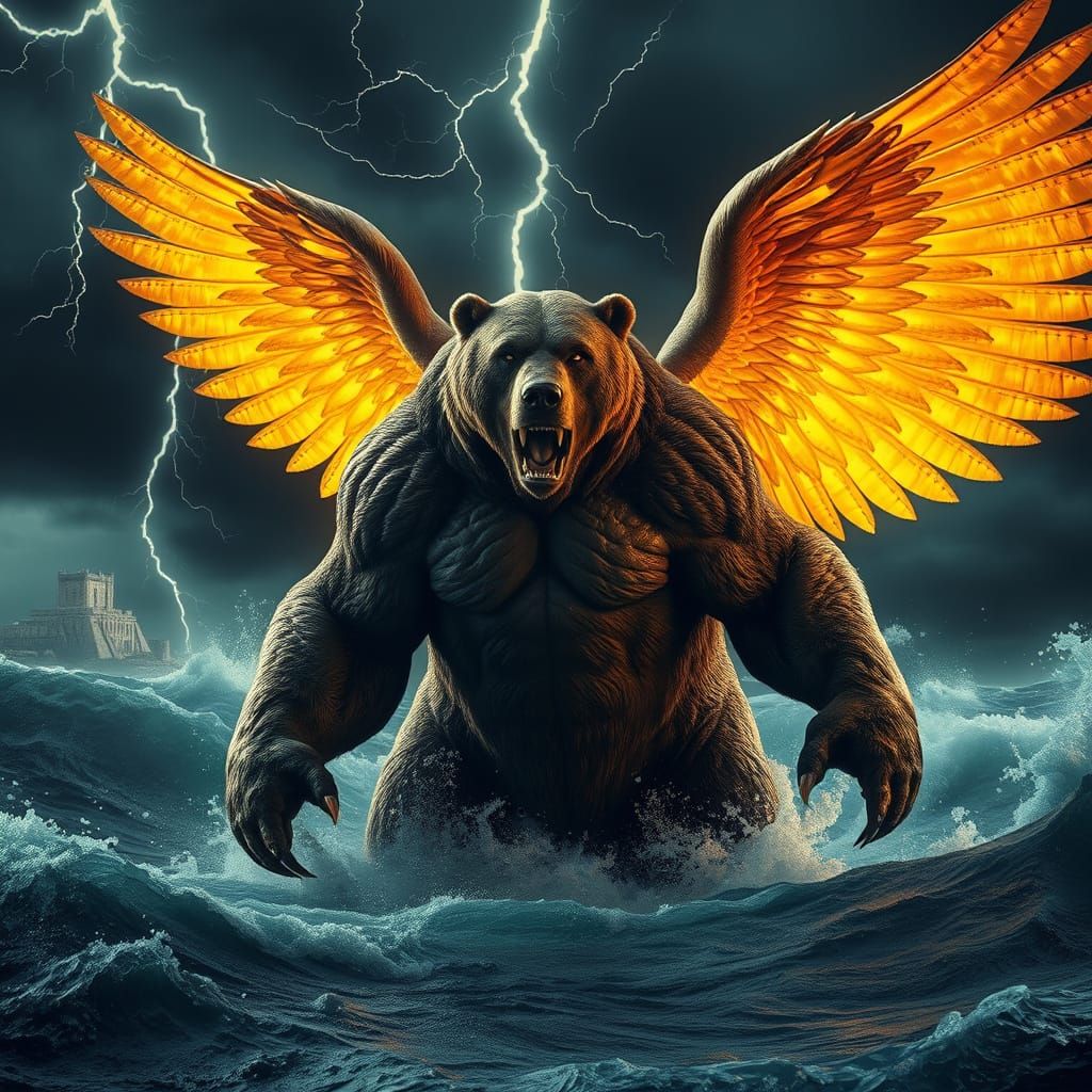 Majestic Angelic Bear Soars Through Turbulent Ocean