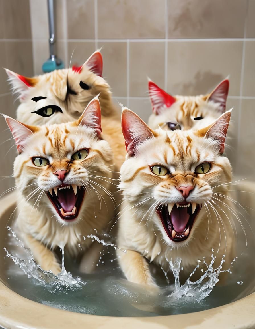 Furious Blonde Cats with Fangs in Dark Panorama