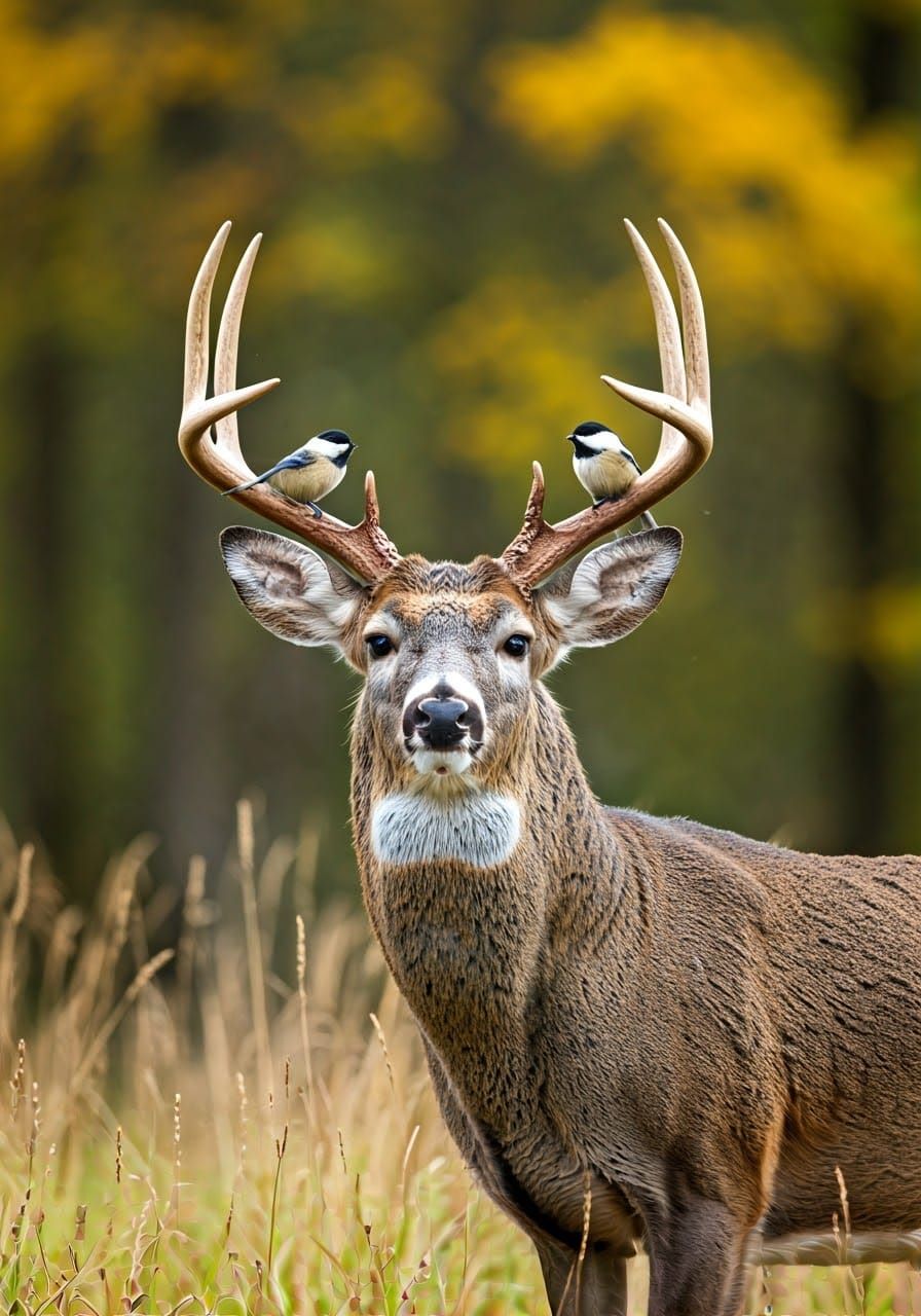 Buck with Chickadees in Fall Wildlife Photo