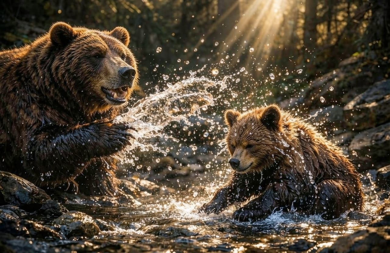 Bear Cub and Mother Play in Mountain Stream
