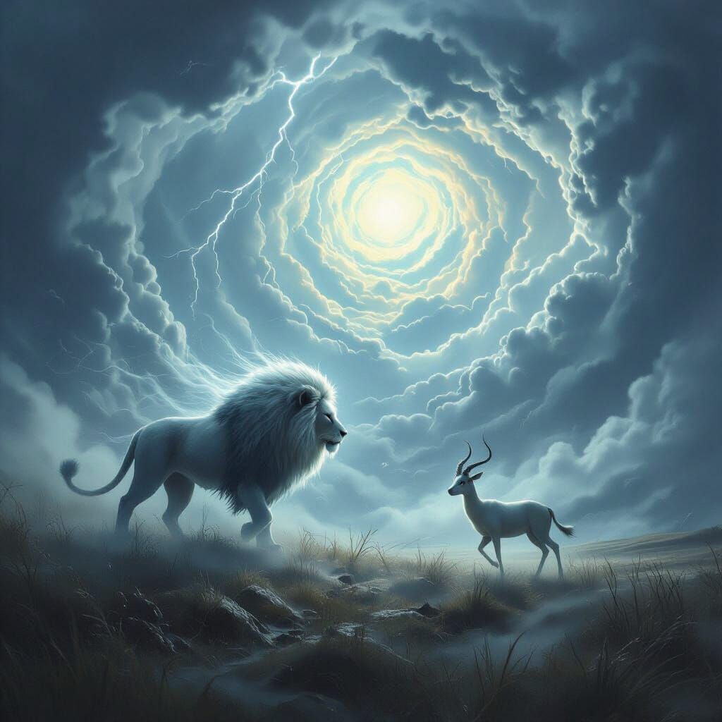 Ghostly Lion Stalks Gazelle in Ethereal Storm