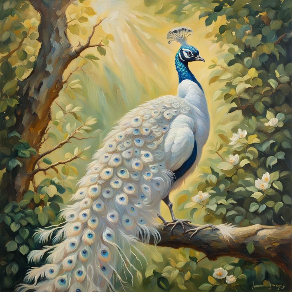White Peacock Shines in Impressionist Masterpiece
