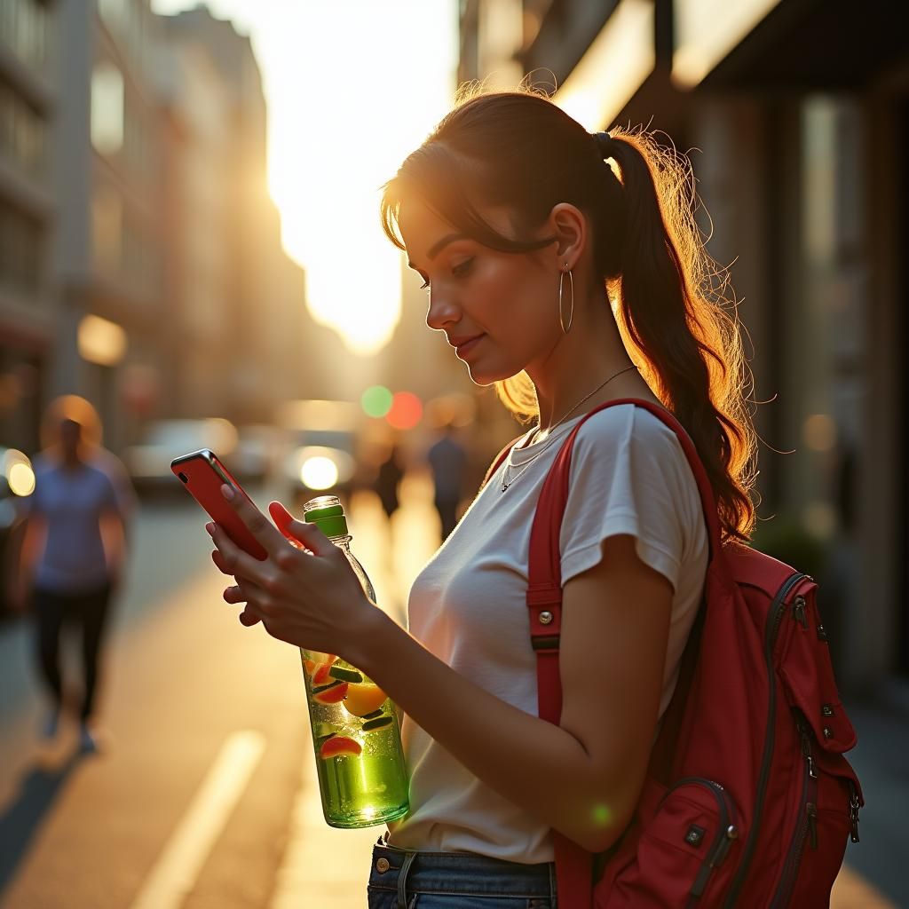 Woman with Reusable Water Bottle in Golden Hour Light