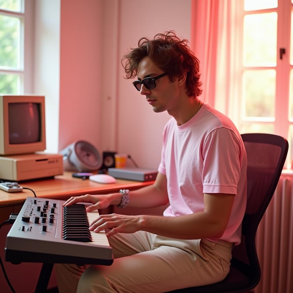 80s Musician in Dreamy Synth Studio