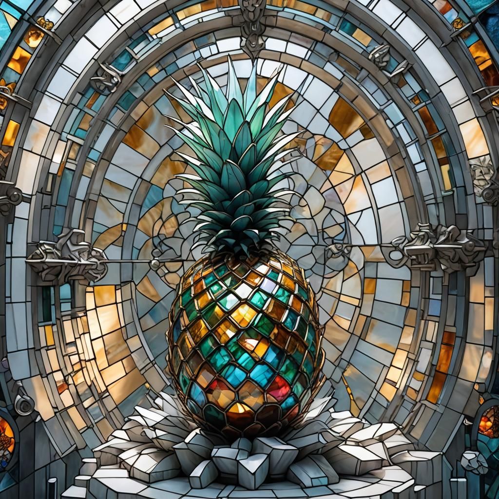 Stained Glass Mechanical Pineapple Sculpture in Art Deco Sty...