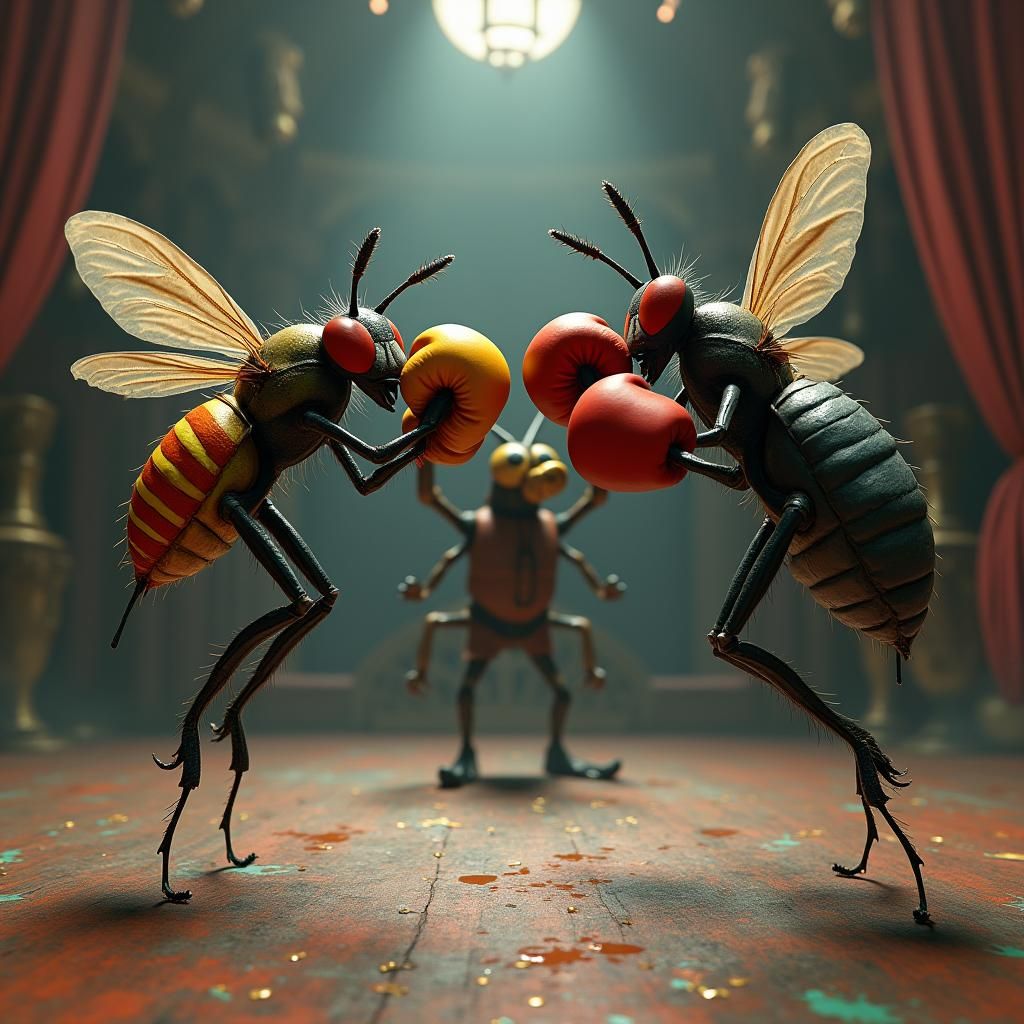 Housefly vs Cockroach Boxing Match: Fantasy Concept Art