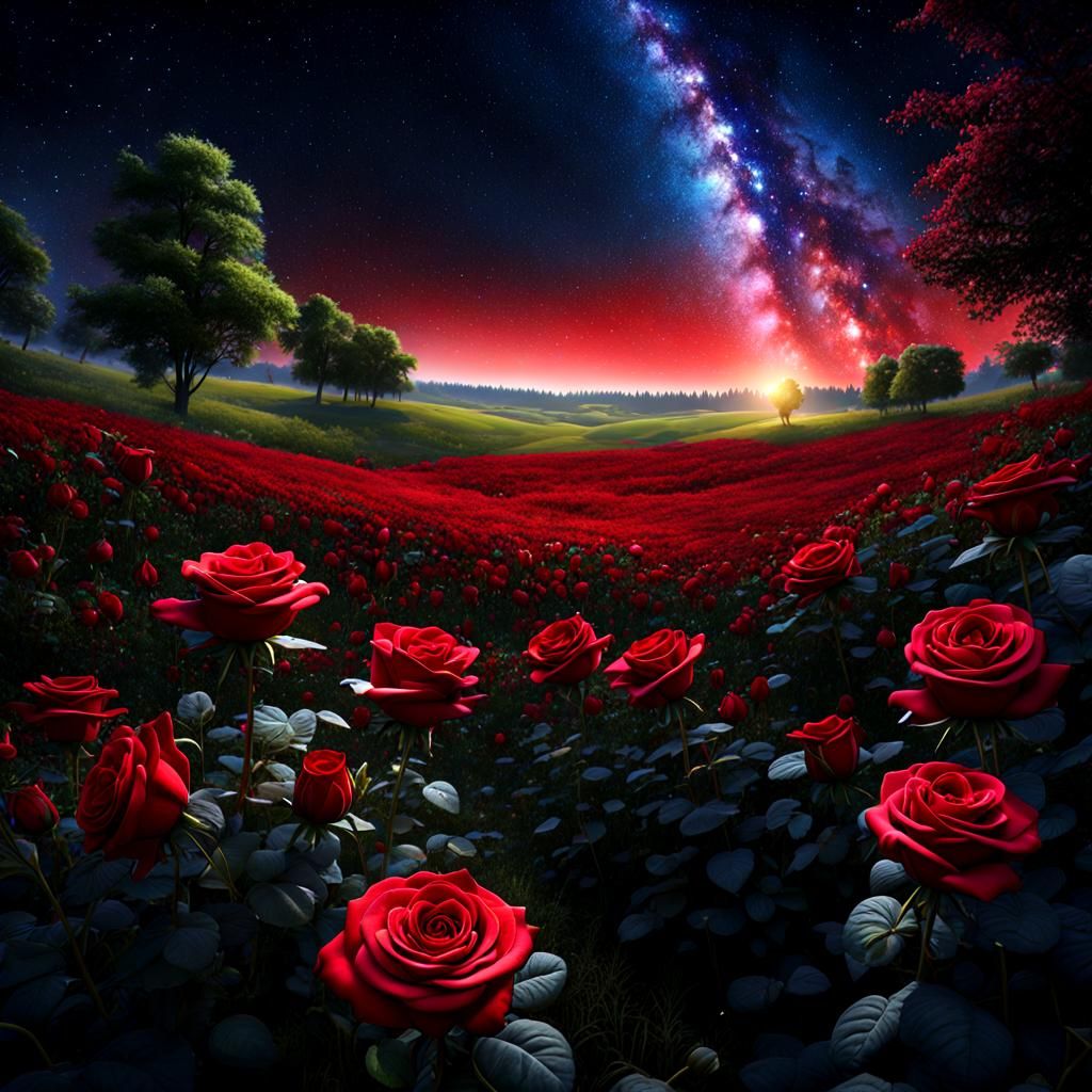 Red Roses Field Under a Starry Night Sky