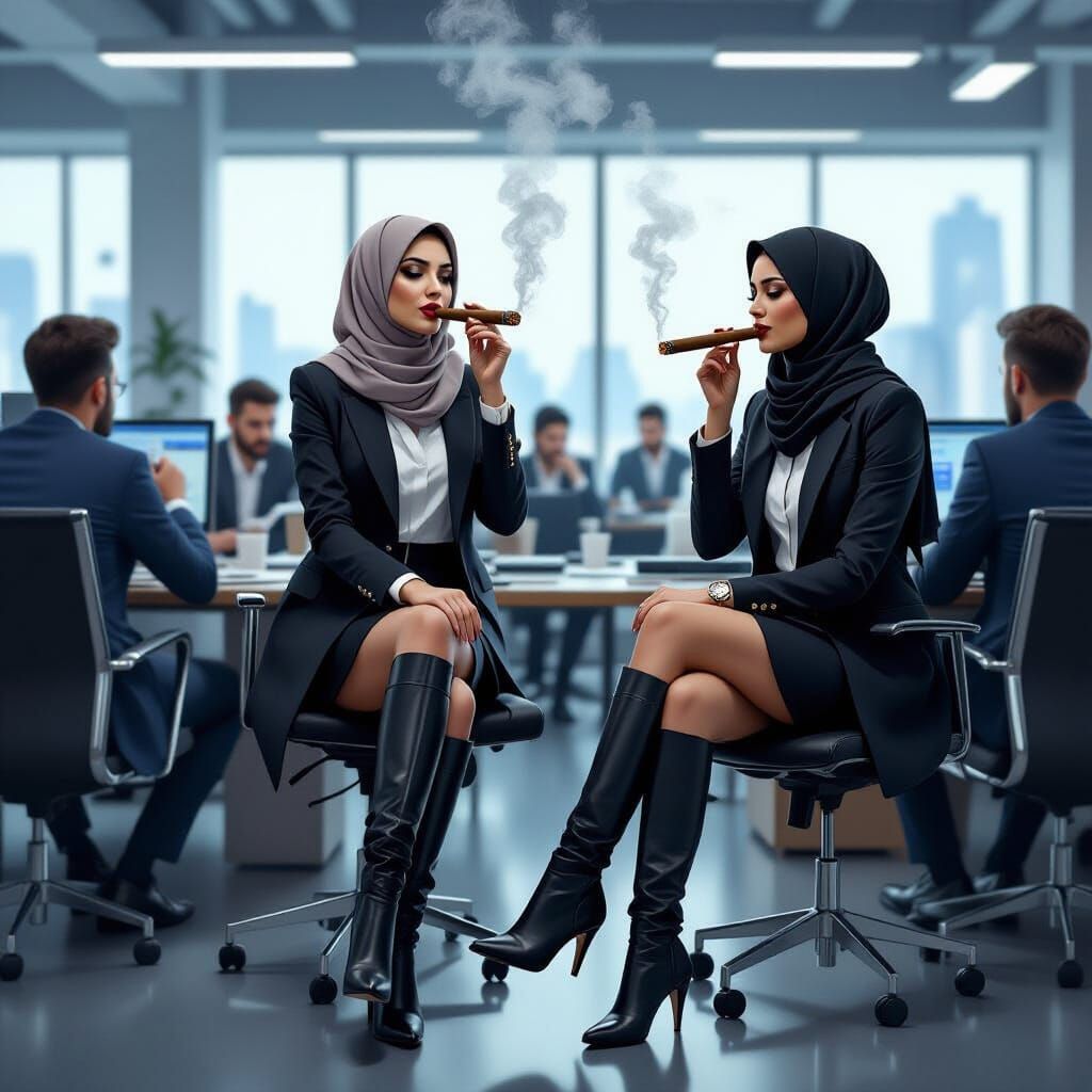 Muslim Women Smoking Cigars in Office: Digital Art