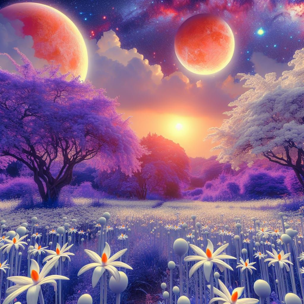 Otherworldly Meadow with White Flowers and Orange Suns