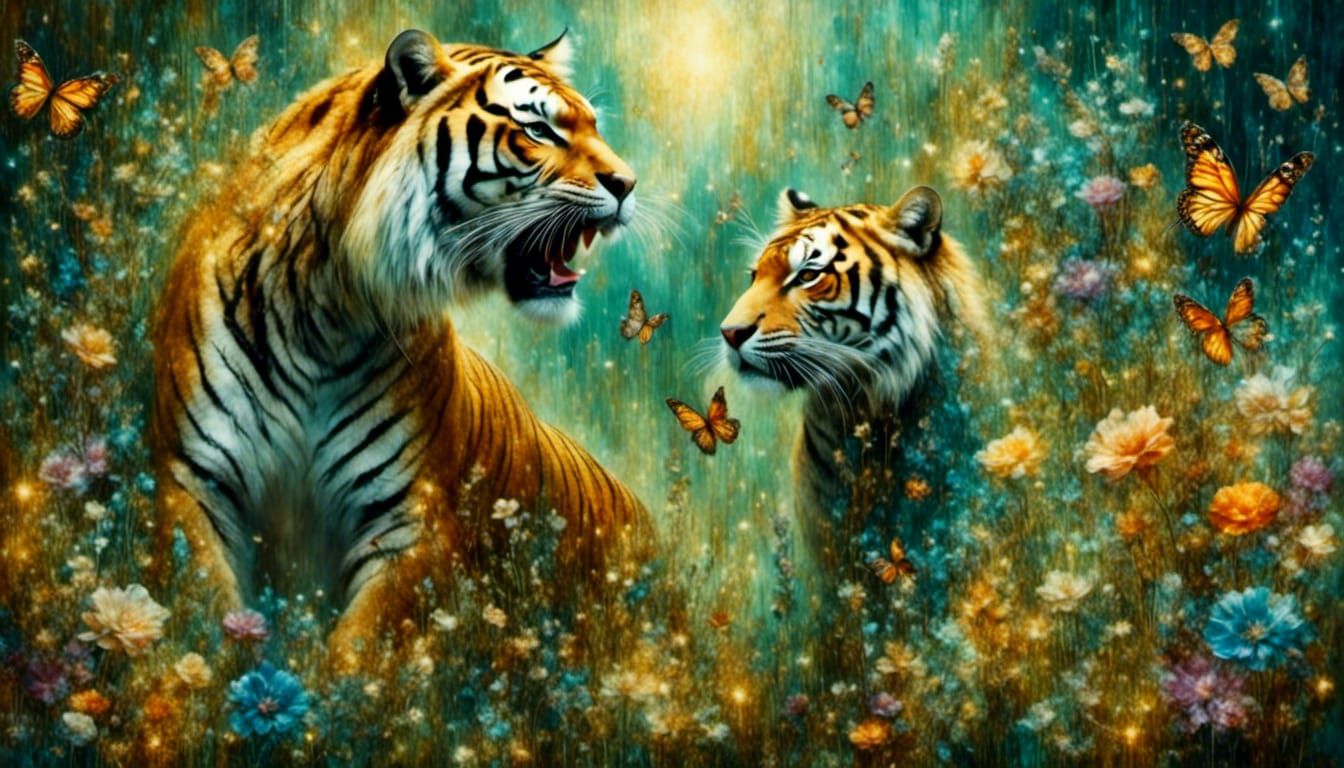 Woman and Tiger Dancing in Spring Meadow