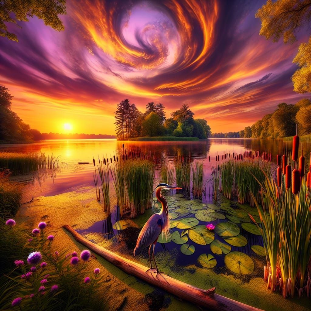 Heron under a purple sunset