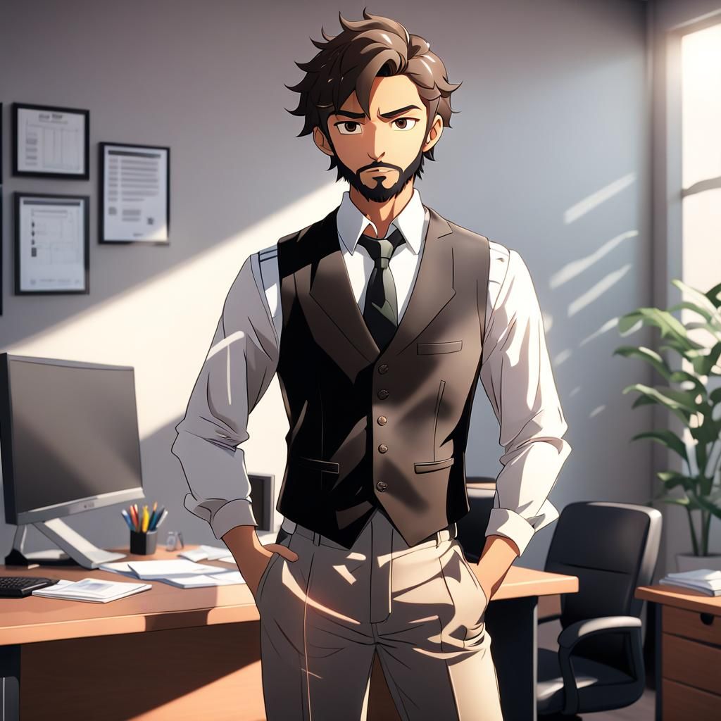 Anime Man in Black Waistcoat, Detailed 3D Render