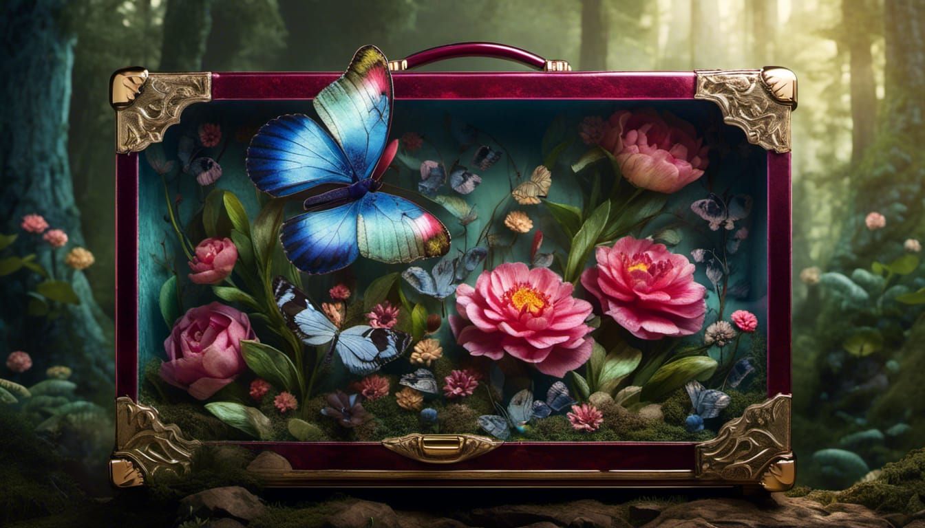 Butterfly and Flowers in Glass Suitcase
