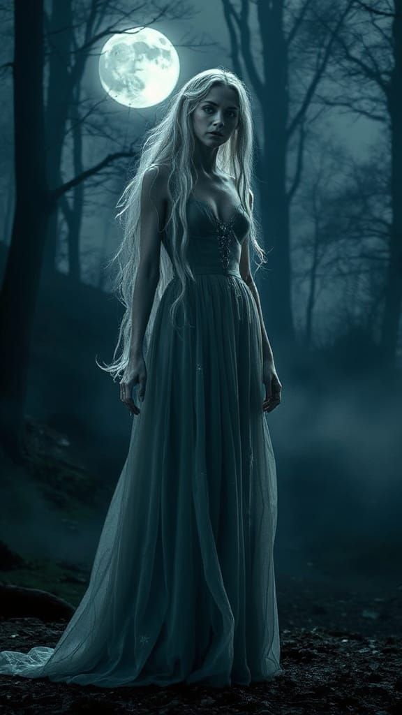 Ethereal Woman in Misty Forest, Dark Fantasy Art