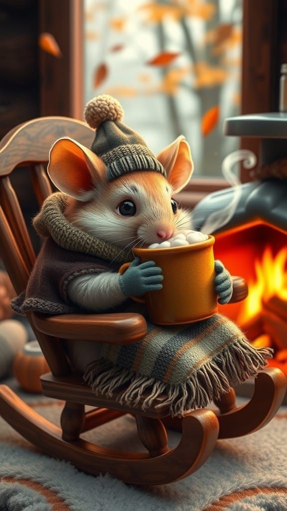 Cozy Mouse Sipping Hot Chocolate in Autumn Cabin