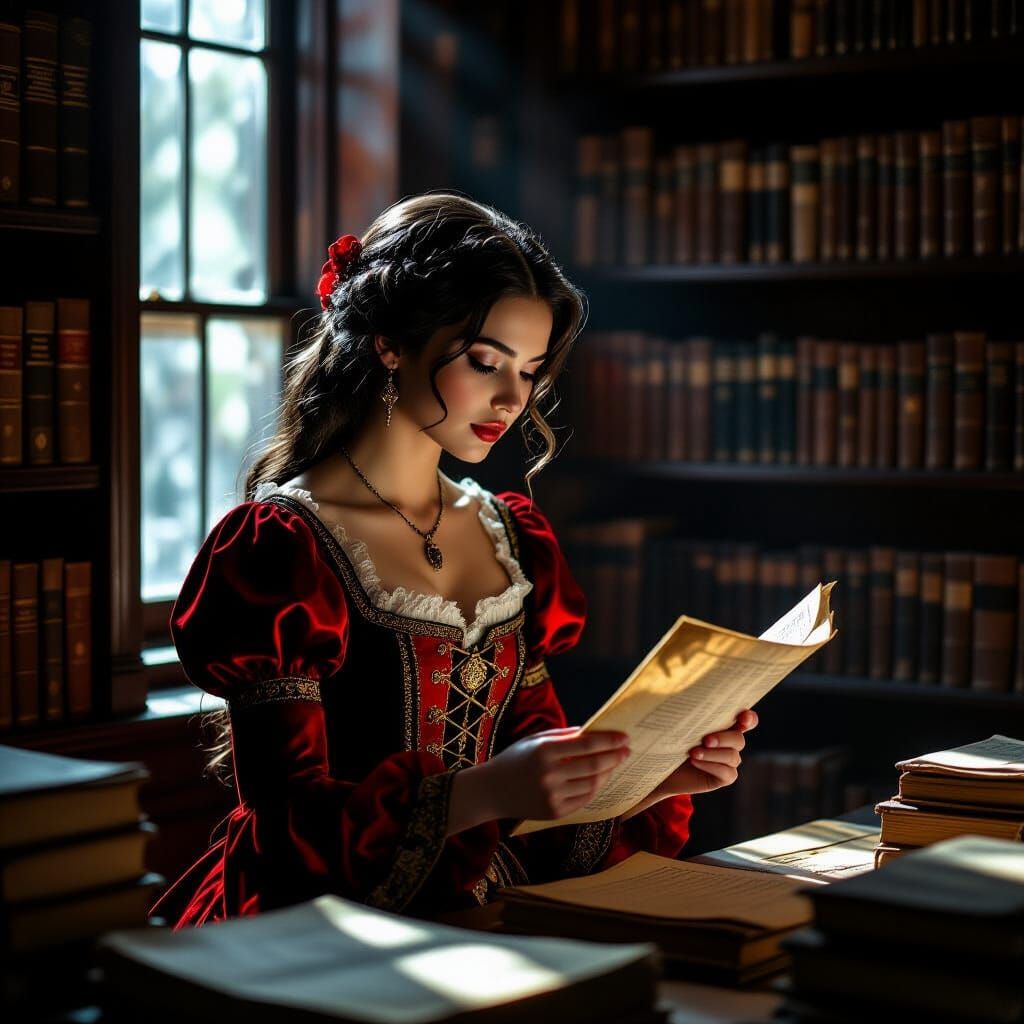 Elegant Woman Discovers Ancient Parchment in Dusty Bookstore